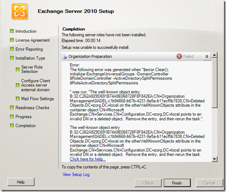 The well-known object entry on the otherWellKnownObjects attribute in the container object CN=Microsoft Exchange,CN=Services,CN=Configuration,DC=zorg,DC=local points to an invalid DN or a deleted object.  Remove the entry, and then rerun the task.